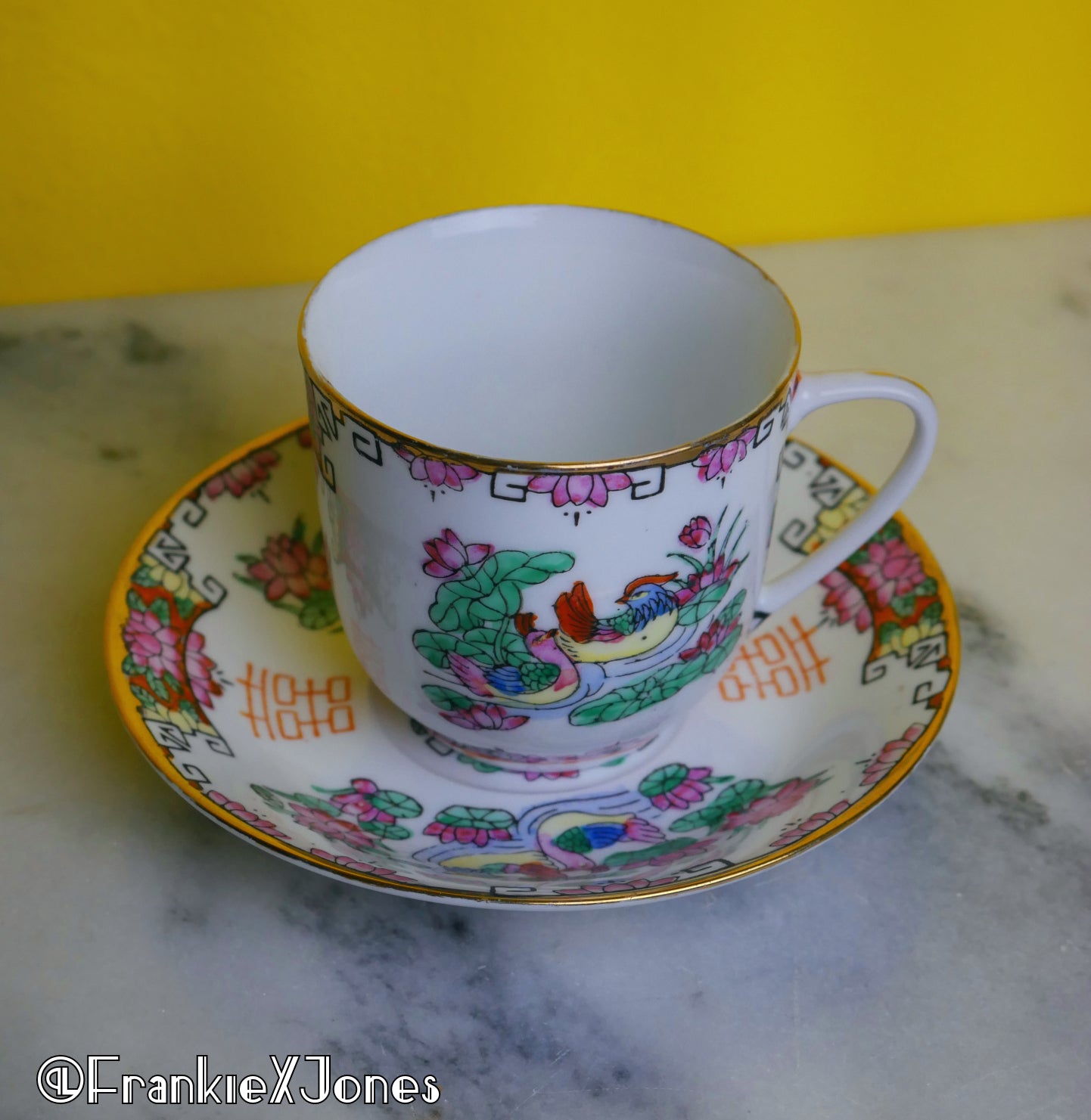 Chinoiserie Tea Cup Set ✤ Cup + Saucer ✤ Birds + Water Lilies