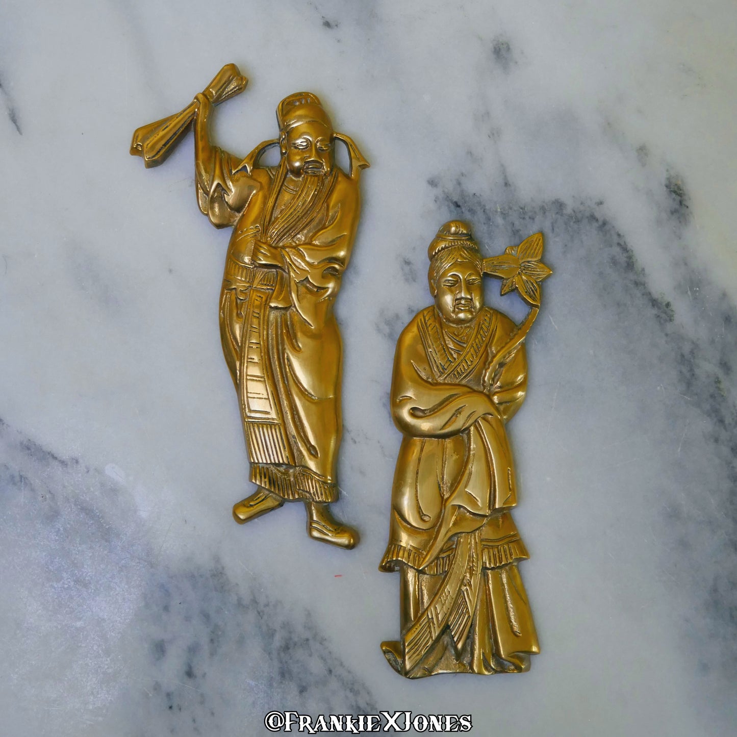 Soild Brass Oriental Couple Wall Plaque ✤ Set of 2