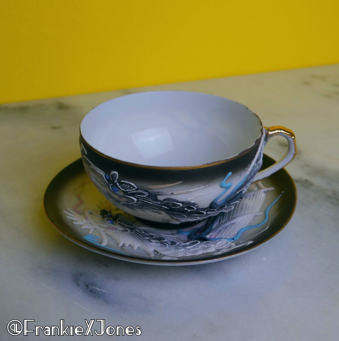 Dragonware Lithophane Tea Cup Set ✤ Cup + Saucer ✤ Black