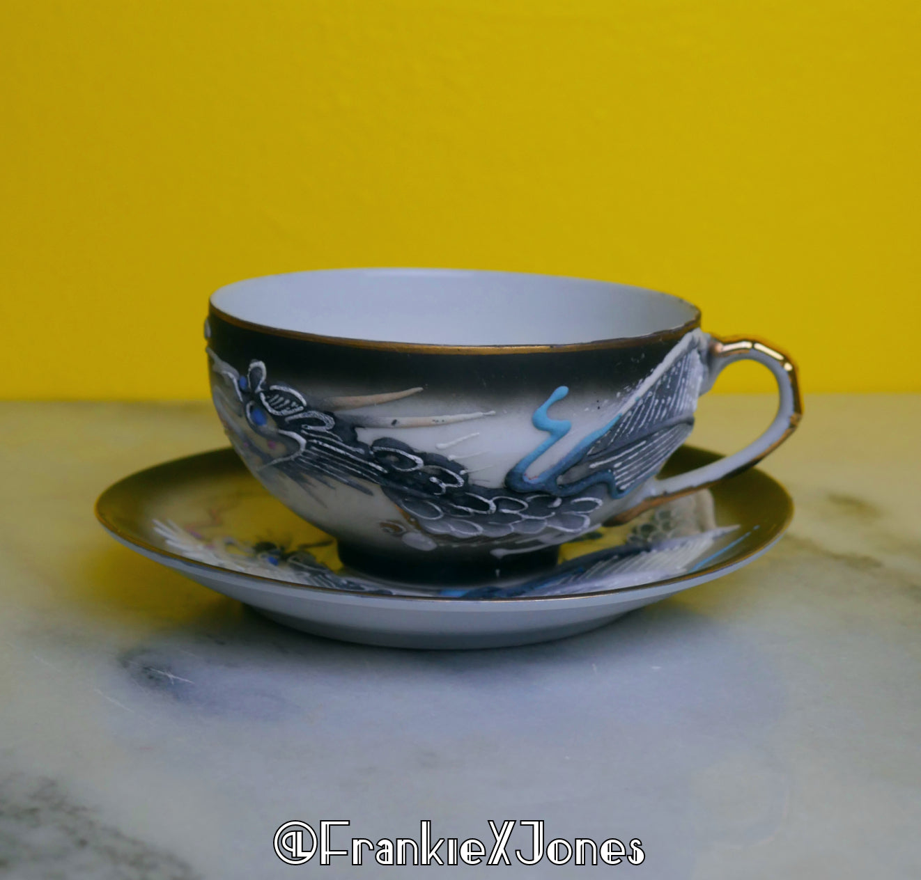 Dragonware Lithophane Tea Cup Set ✤ Cup + Saucer ✤ Black