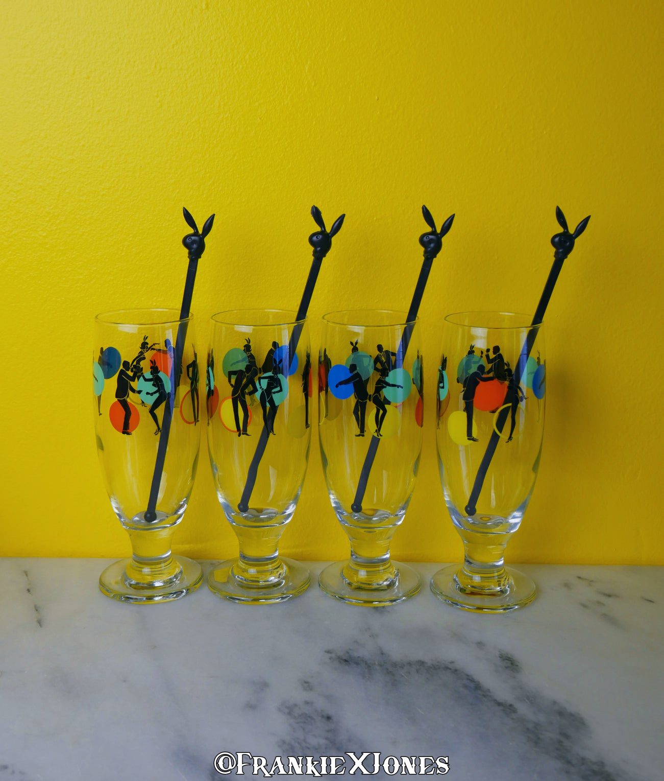 Dancing Couple Cocktail Glasses w/ Stir Sticks ✤ Playboy ✤ Set of 4