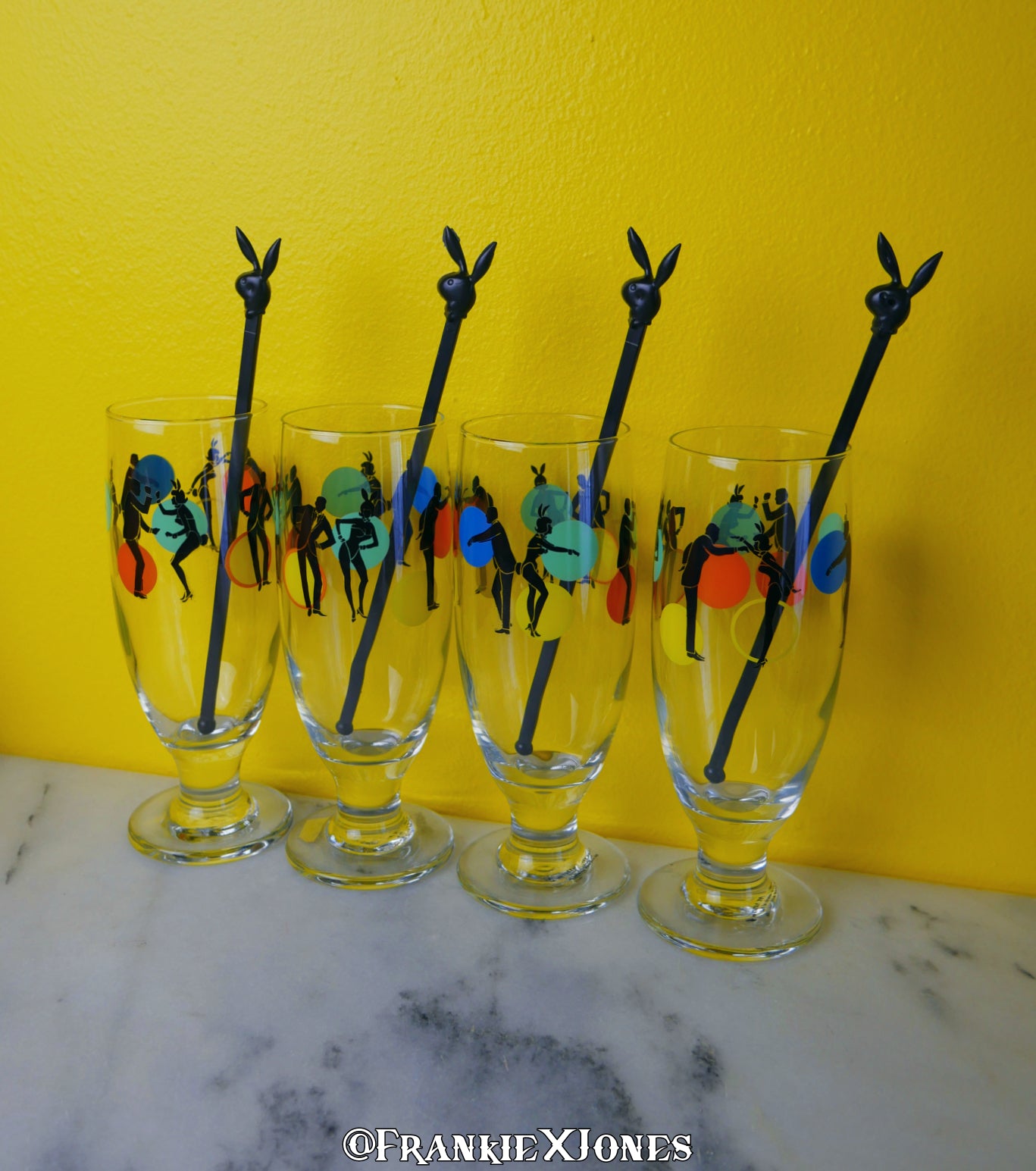 Dancing Couple Cocktail Glasses w/ Stir Sticks ✤ Playboy ✤ Set of 4
