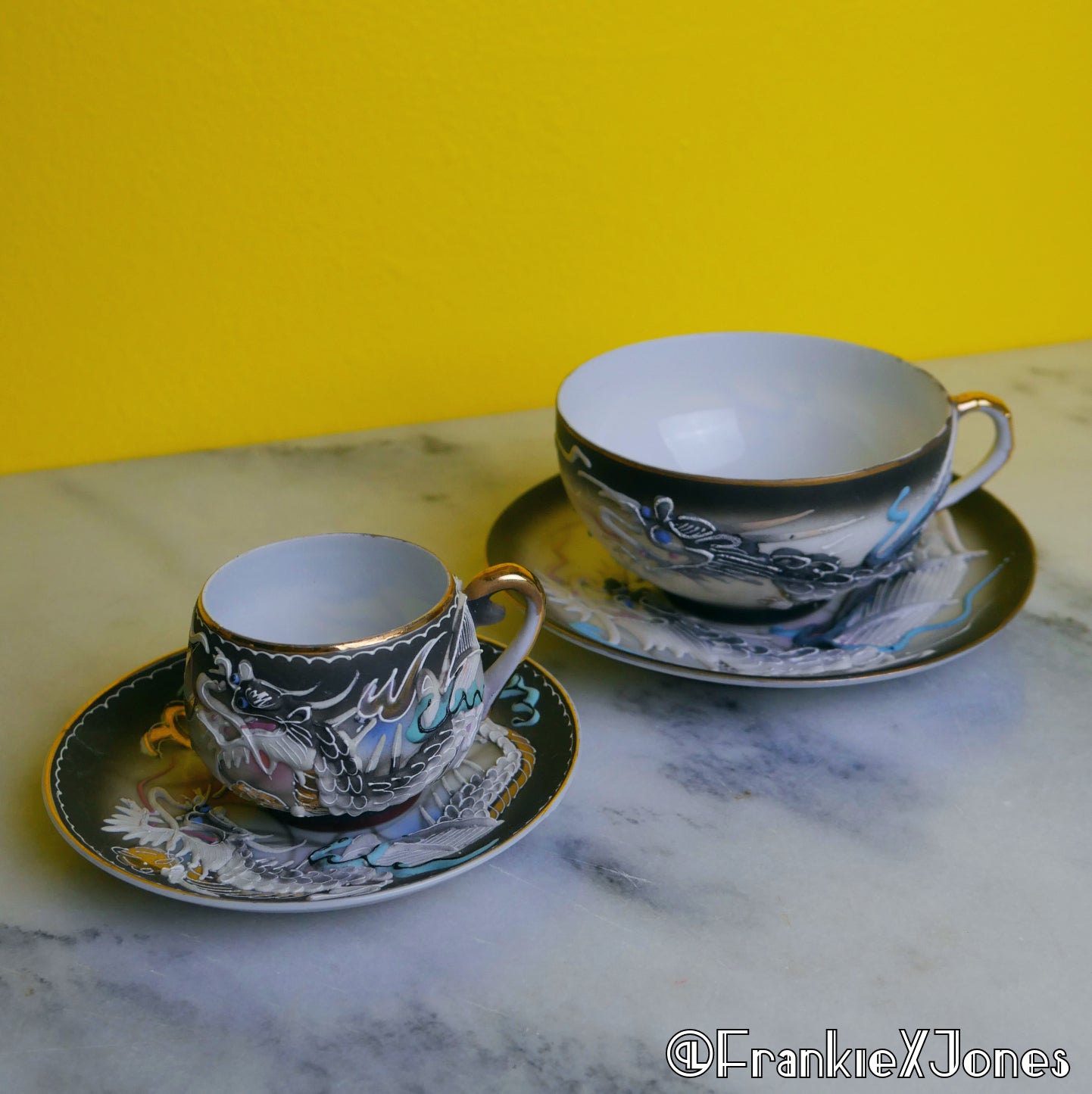 Dragonware Lithophane Tea Cup Set ✤ Cup + Saucer ✤ Black