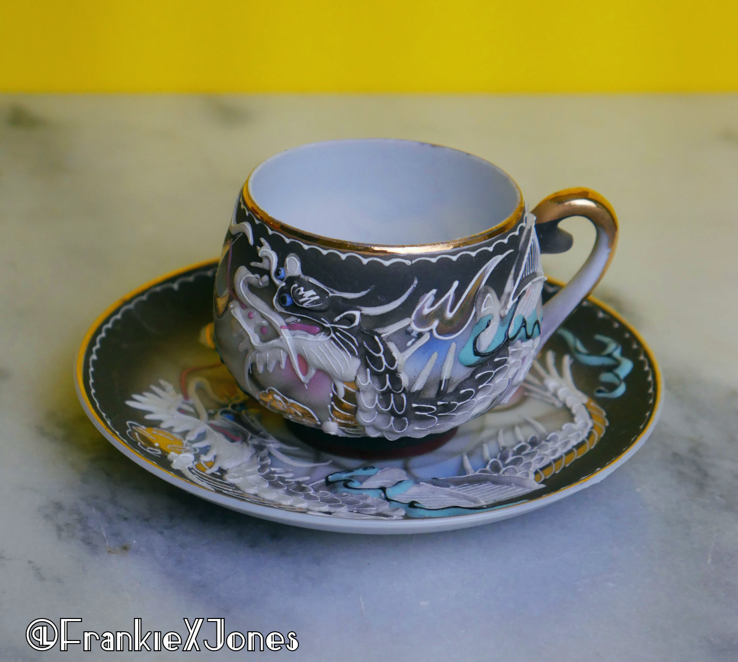 Dragonware Lithophane Tea Cup Set ✤ Cup + Saucer ✤ Black