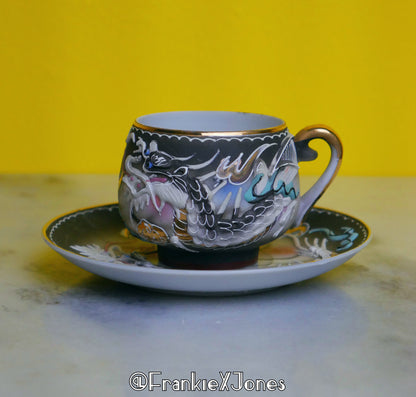 Dragonware Lithophane Tea Cup Set ✤ Cup + Saucer ✤ Black